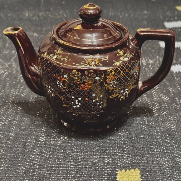 Moriage Style Ceramic Redware Teapot, Brown Flora, Vintage Pre-War Japan - Picture 13 of 16